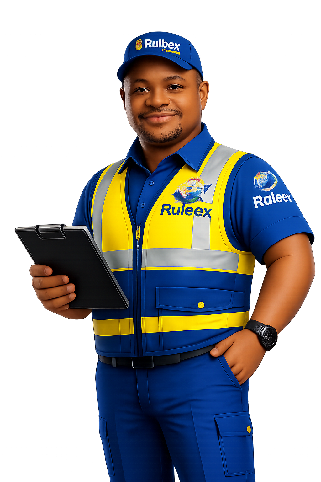 Ruleex mascot of the Managing Director holding a board
